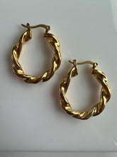 Load image into Gallery viewer, Gold plated twisted hoop earrings over stainless steel