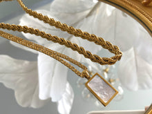 Load image into Gallery viewer, Mother of pearl rectangular pendant with gold chain necklace with a rope chain on the side
